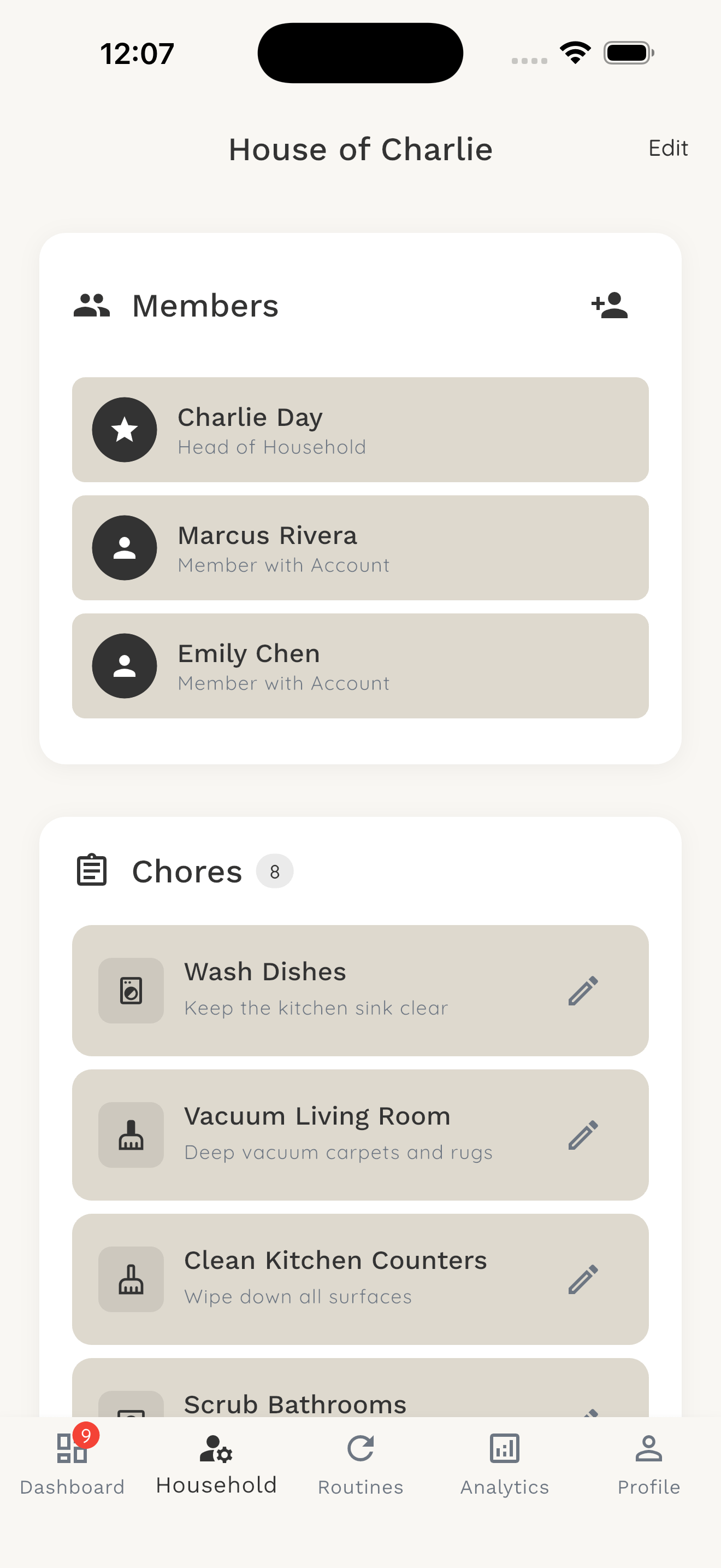 Household members and chore list